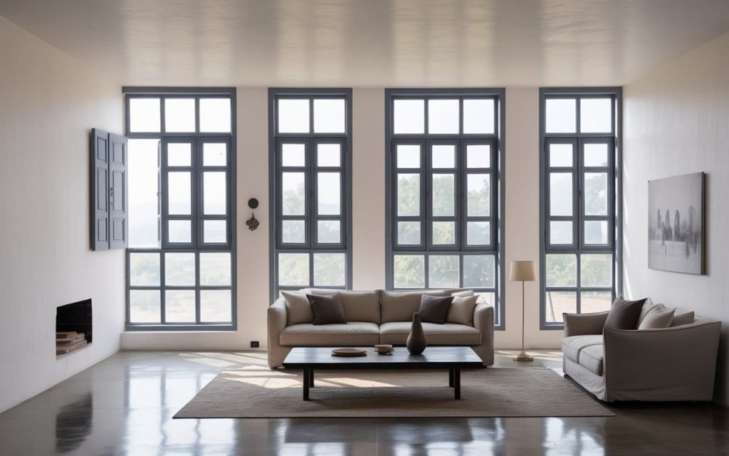 Four vertical charcoal grey upvc window design frames in a minimalist modern living room.