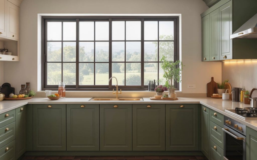 Large black sliding upvc window design overlooking a garden in a green modular kitchen.