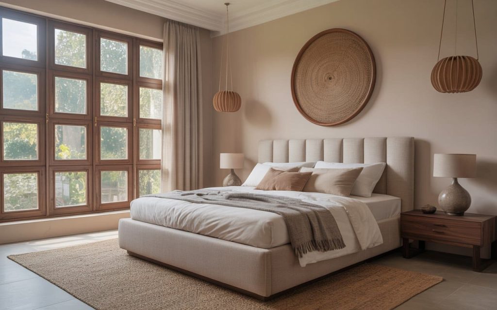 Wood-effect upvc window designs for homes with multiple panes in a neutral boho bedroom.