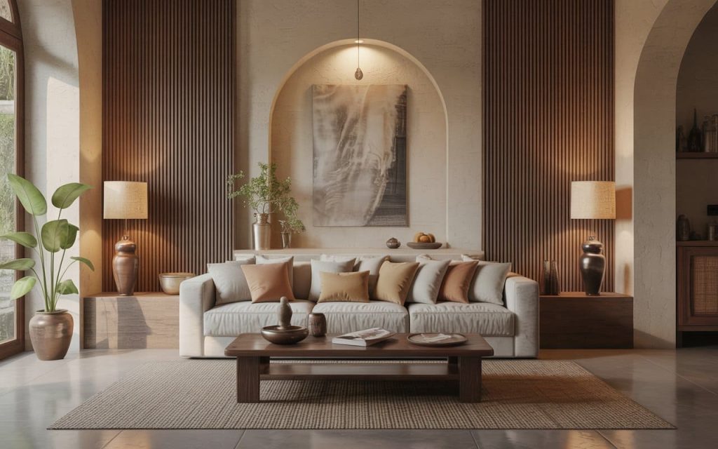 Elegant renovation trends with textured wall panels, warm lighting, and cozy modern living room setup