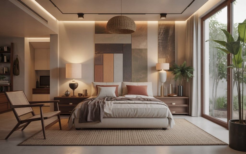 Stylish home renovation trends with cozy bedroom setup, warm lighting and modern natural interior design