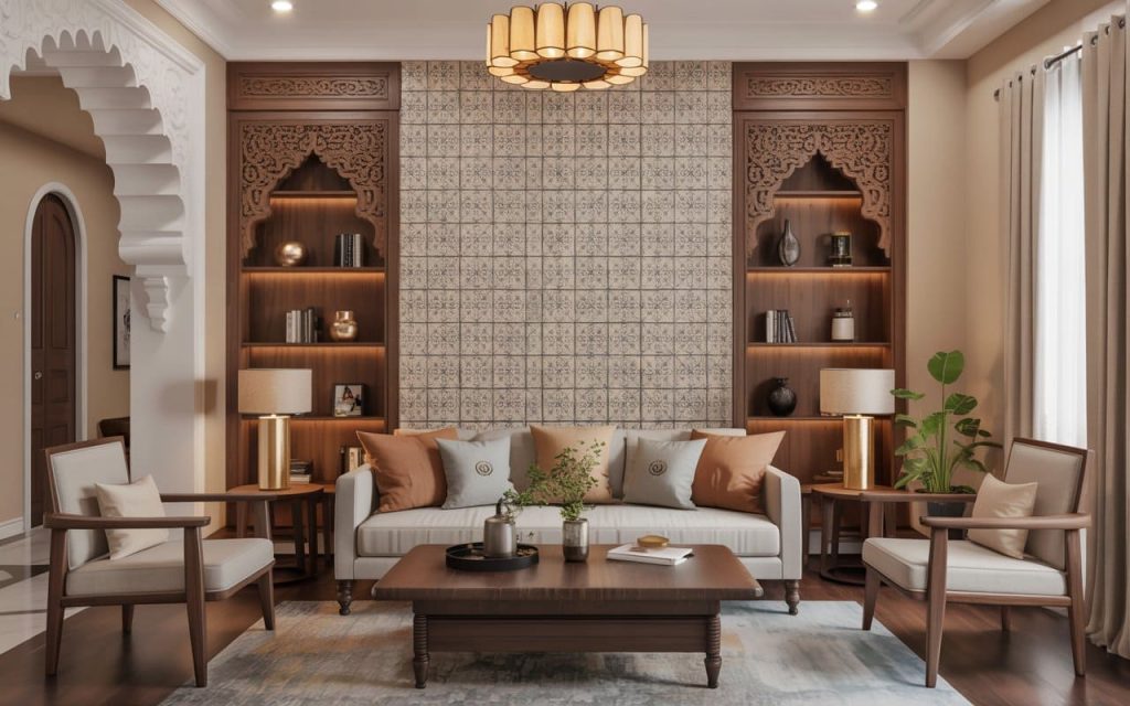 Home remodeling trends with carved wood panels, warm lighting and stylish traditional living room 