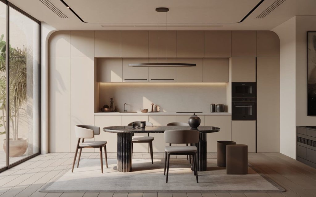 Modern kitchen remodels 2026 with minimalist cabinets, warm lighting, and sleek open dining layout