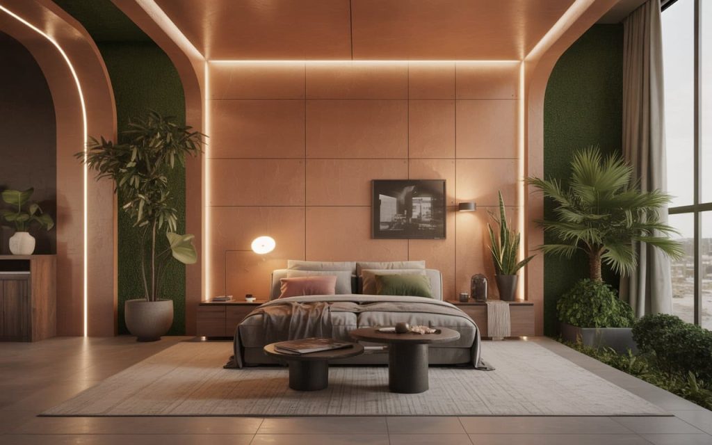 Latest home renovation trends with warm lighting, textured walls, and nature-inspired bedroom design