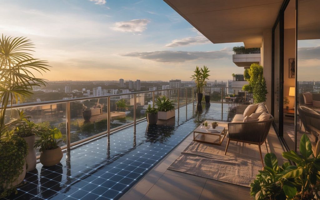 Latest home renovation trends with balcony garden, glass railing, and modern outdoor living space