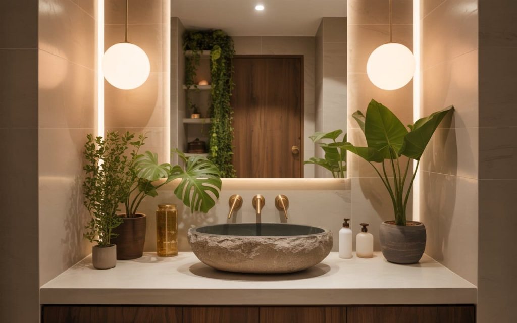 Modern bathroom renovation trends with natural decor, warm lighting, and stylish sink design