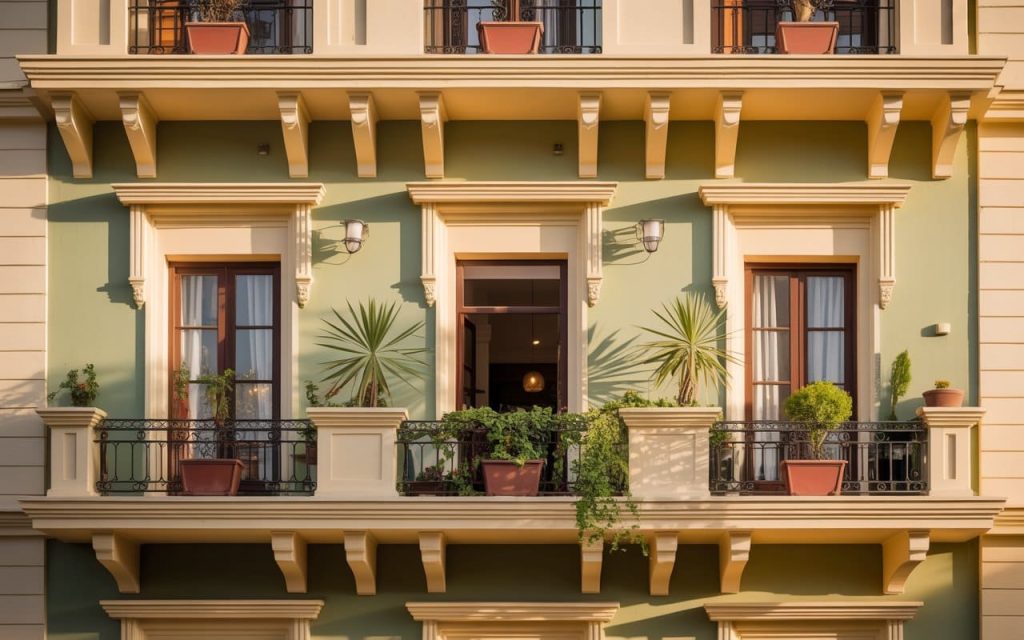 Classic front balcony colour in sage green with cream architectural moldings and plants.