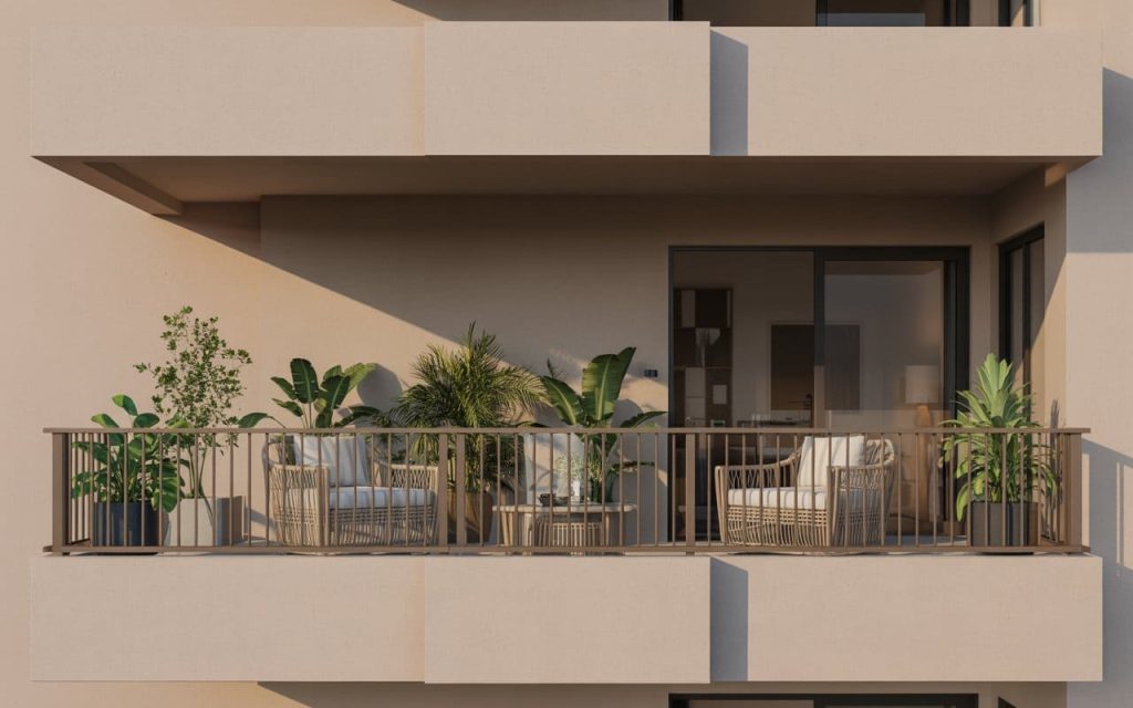 Neutral balcony colour combination with beige walls and stylish wicker patio chairs.