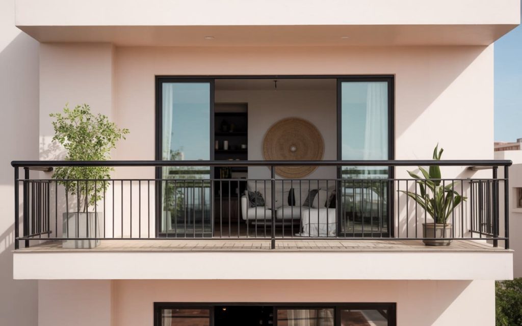 Modern balcony grill colour in matte black paired with light pink exterior walls.