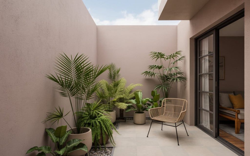 Soft dusty rose balcony paint colour provides a calm backdrop for lush green plants.