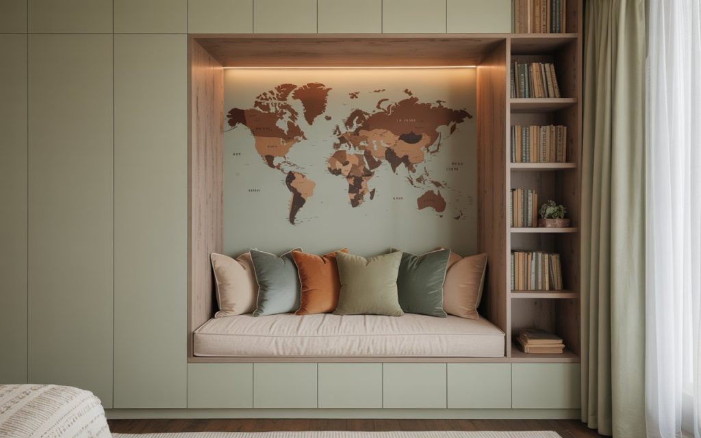 Creative kids room wall design with world map artwork, cozy seating, and smart storage shelves
