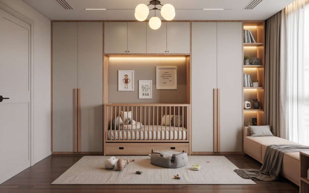 Kids room wardrobe design with built-in crib nook, shelves and soft lighting