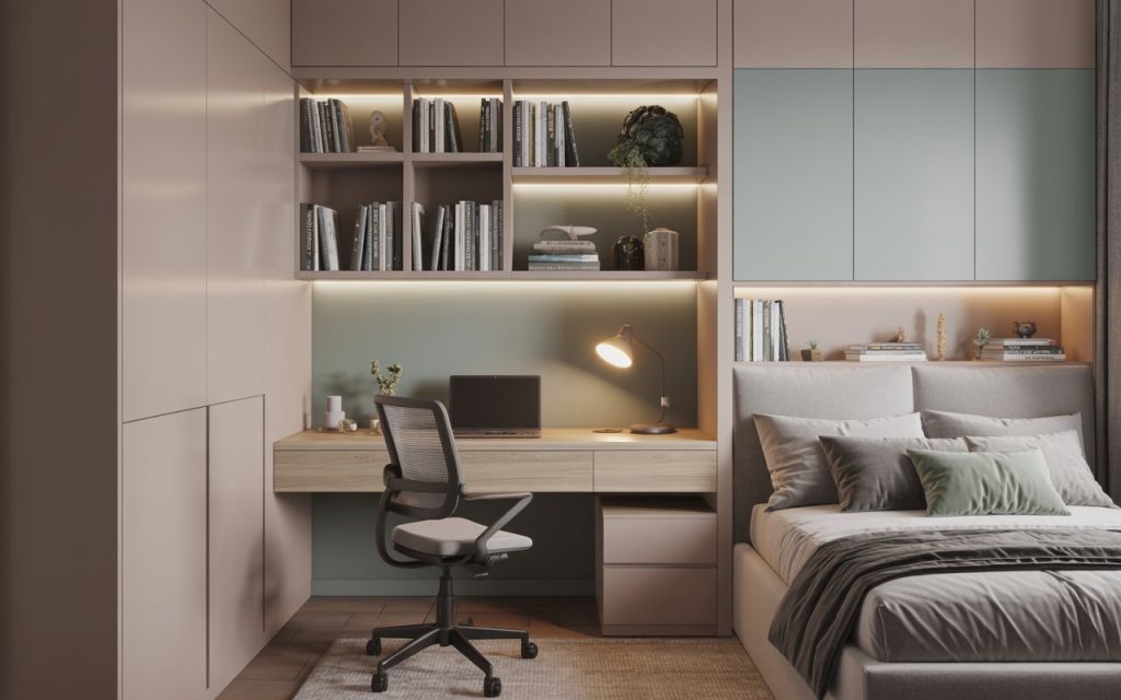 Kids study room design with desk, shelves, and a bed in a compact layout
