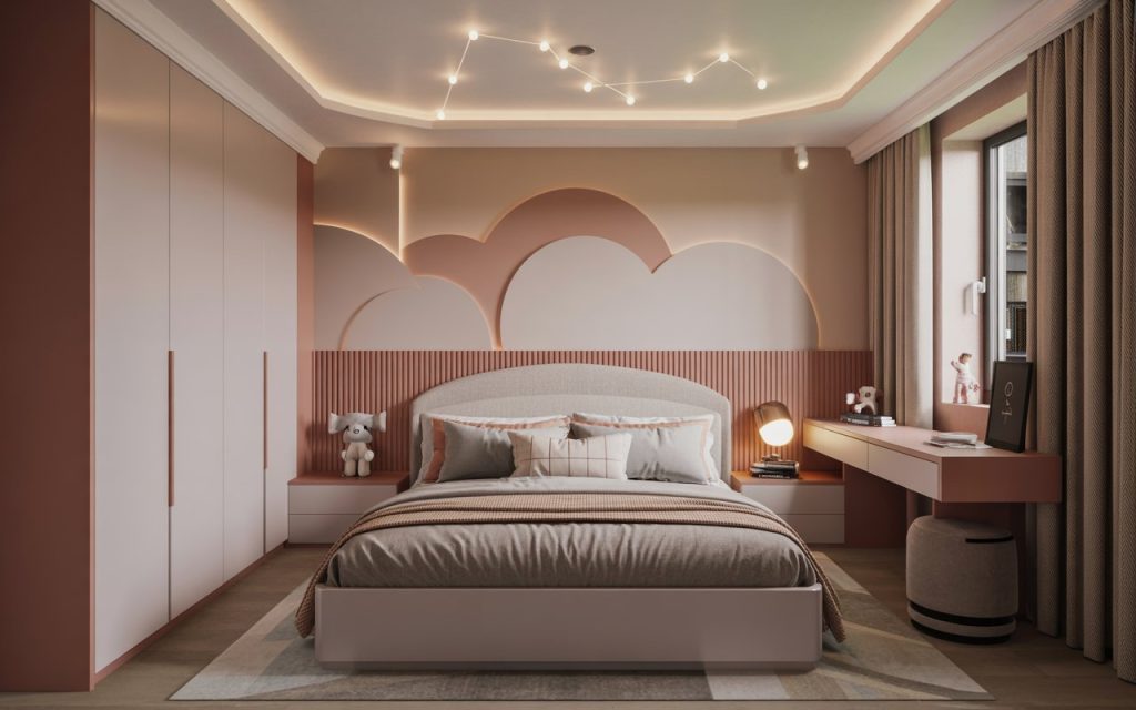 Charming kids room design for girls with soft colors, cloud wall decor, and cozy modern bedroom setup
