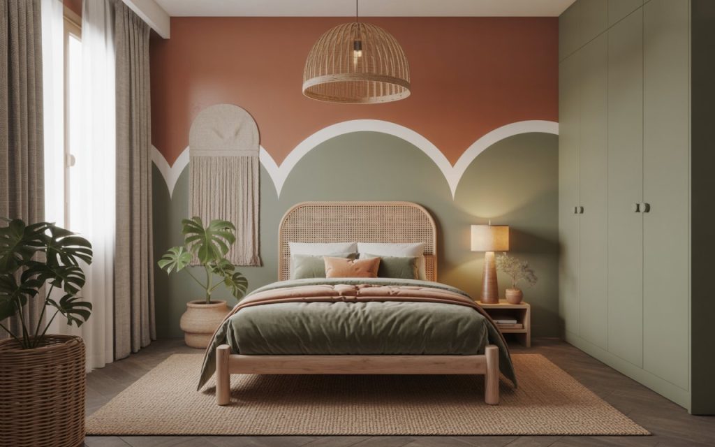 Stylish kids room interior design with colorful walls, cozy bed and playful modern decor elements