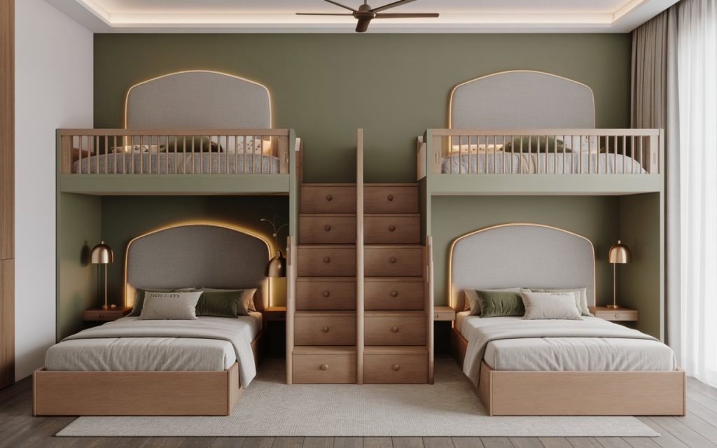 Twin bunk kids room design for two kids with central stairs and soft lighting