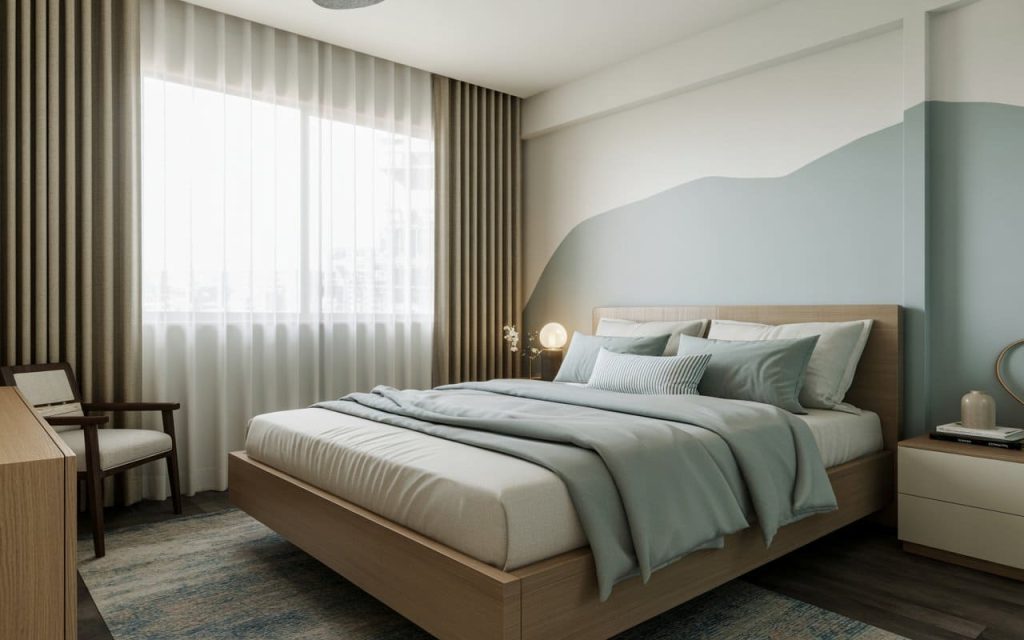 Bedroom back wall design with blue mountain accent, cozy bed, pillows, chair.