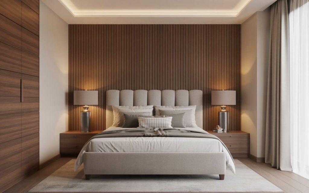 Bedroom wall stencils design uses warm wood slat panels behind tufted headboard, lamps, bed.