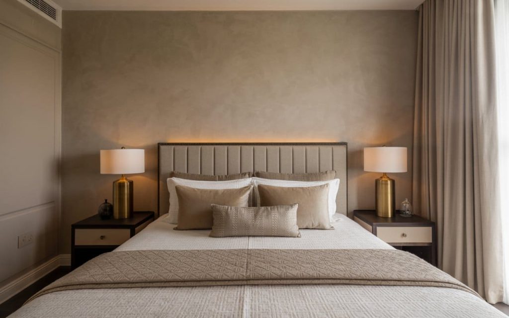 Latest wall design for bedroom shows textured beige walls, tufted headboard, beige pillows, lamps.