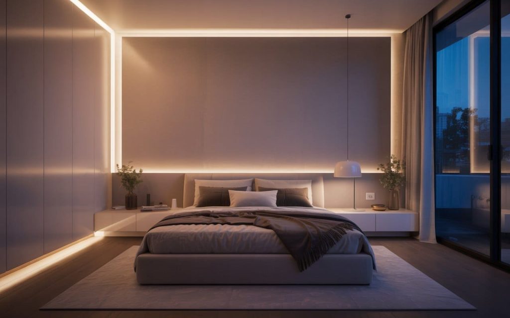 PVC wall design for bedroom glows with warm LED strips, gray panels, bed, plants, nightstand.