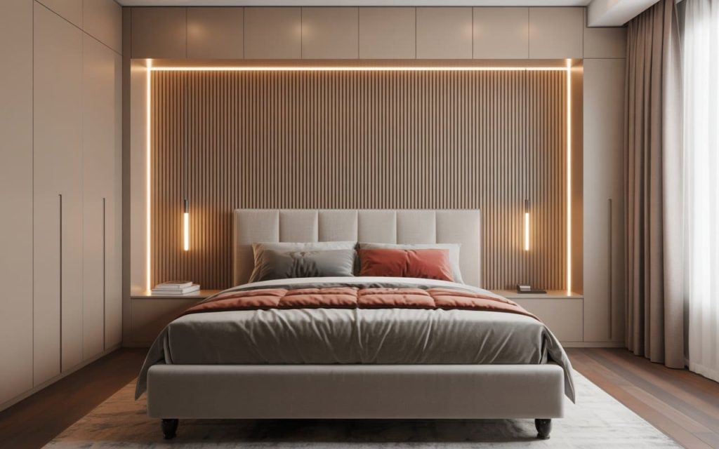 Wall panel design for bedroom with beige wood slats, golden LED frame around bed, rust bedding.