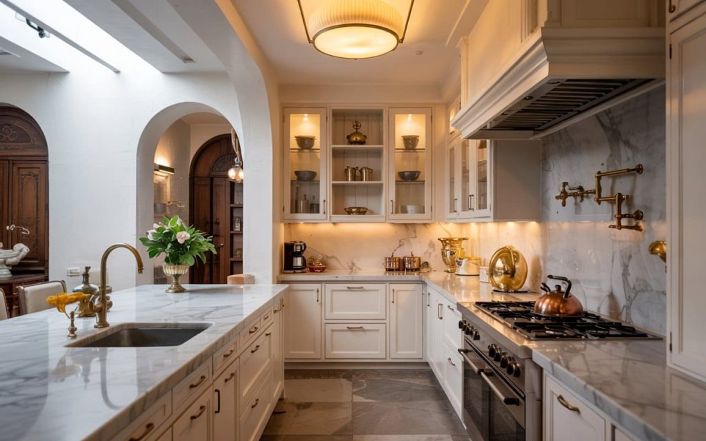 Polished white kitchen cabinet hardware paired with a luxury marble island and gold faucet.