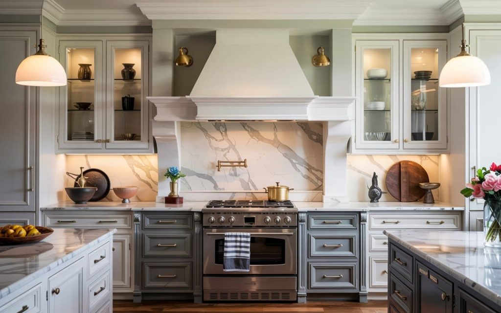 A luxury stove area featuring high-end kitchen faucet hardware and classic brass finishes.