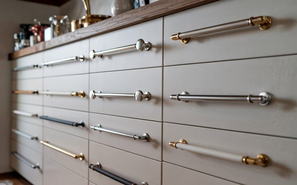 A variety of kitchen hardware accessories including metal pulls and long drawer handles.