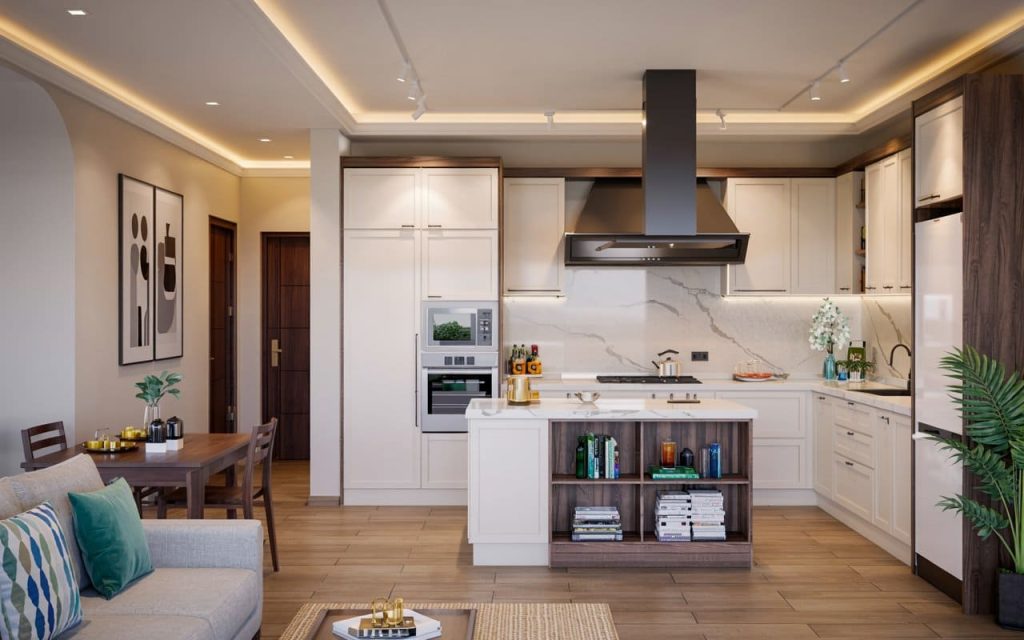 A spacious open-concept kitchen featuring modern kitchen hardware and a marble backsplash.