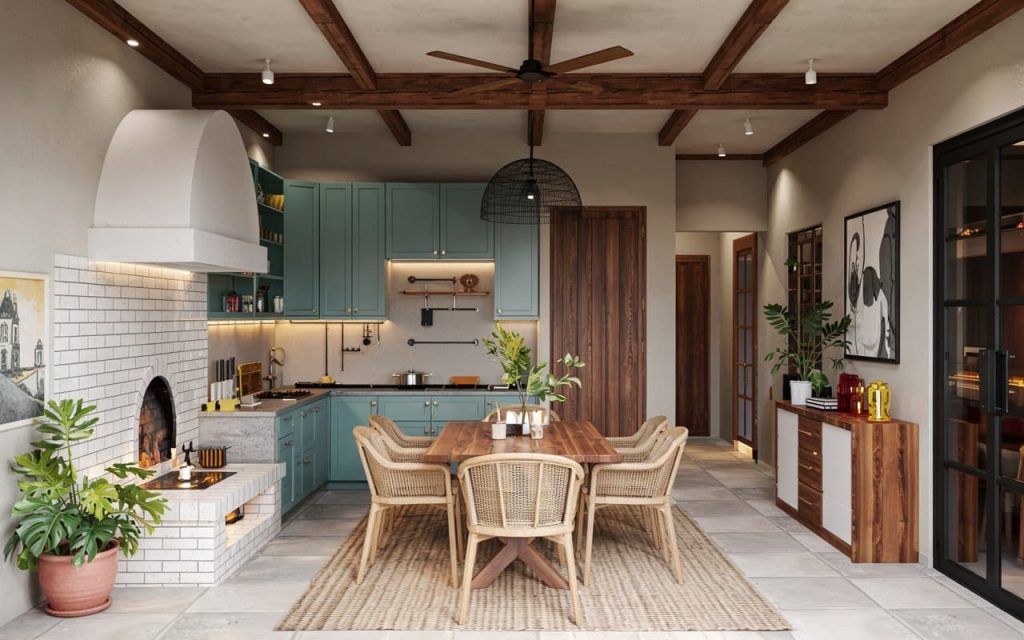 A rustic yet royal kitchen and hardware setup featuring teal cabinets and wooden beams.