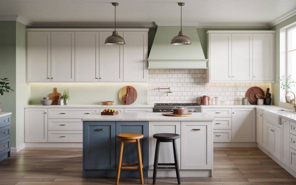 Minimalist white shaker cabinets featuring elegant brass kitchen hardware in a bright room.