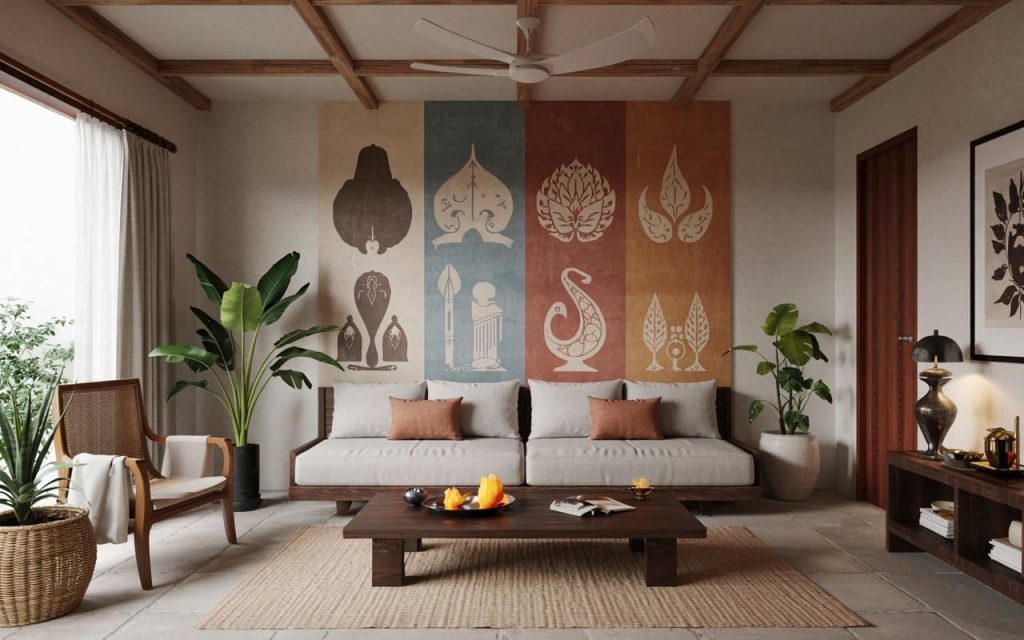 A modern living space featuring wall panels depicting different vastu zones and colours.