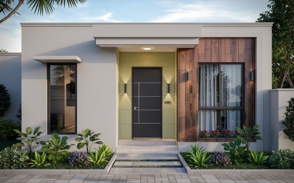 A modern house entrance showcasing an elegant main door colour as per vastu principles.