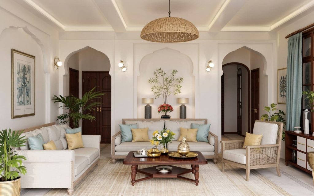 A bright and airy Indian living room decorated with auspicious vastu colours for home.