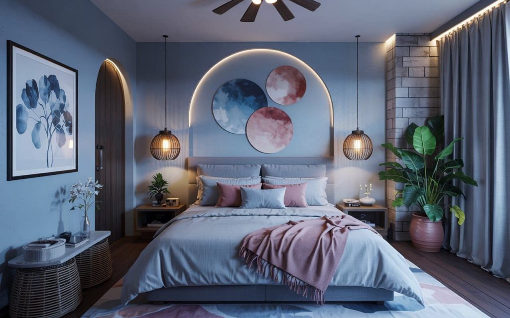 A serene blue sleeping space designed with the ideal master bedroom colour as per vastu.