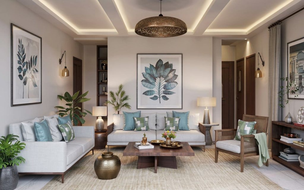 An elegantly designed hall featuring soothing vastu colors for living room decor.
