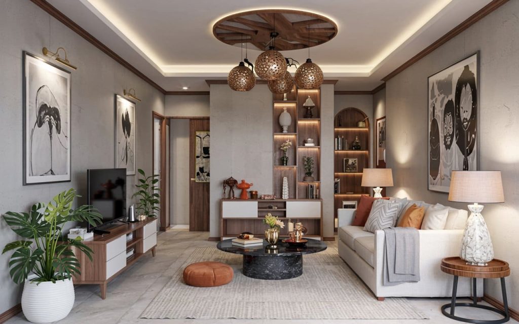 A spacious contemporary apartment interior decorated with ideal vastu colours for hall areas.