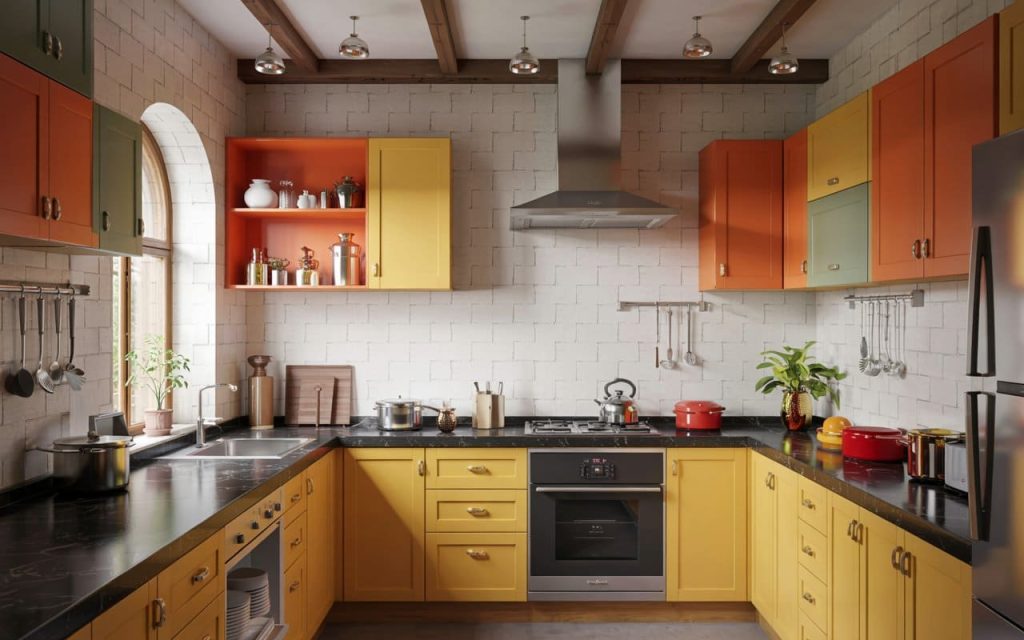 A bright kitchen with yellow and orange cabinets based on vastu shastra for kitchen colour.