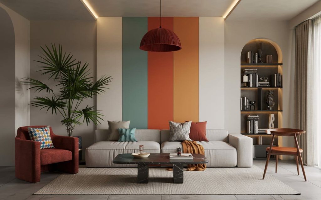 A stylish living room featuring accent panels with specific wall colours according to vastu.