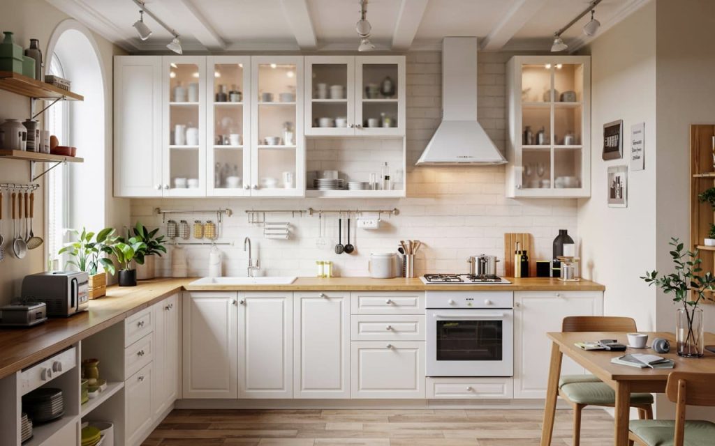 Kitchen furniture design in small space using white shaker cabinets and a wooden countertop.
