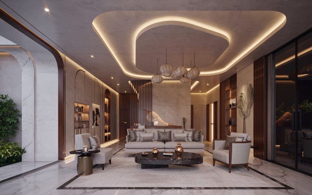 Grand living room pop design featuring an organic curved ceiling tray with soft led glow.