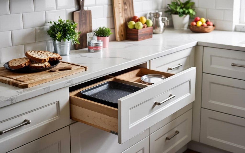 Smart small kitchen furniture design ideas including deep pull-out drawers for utensils.
