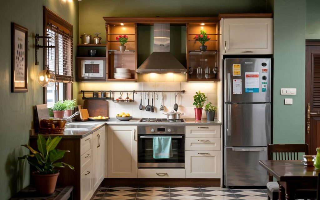 Indian small house kitchen furniture designs featuring an L-shaped layout and warm wood accents.