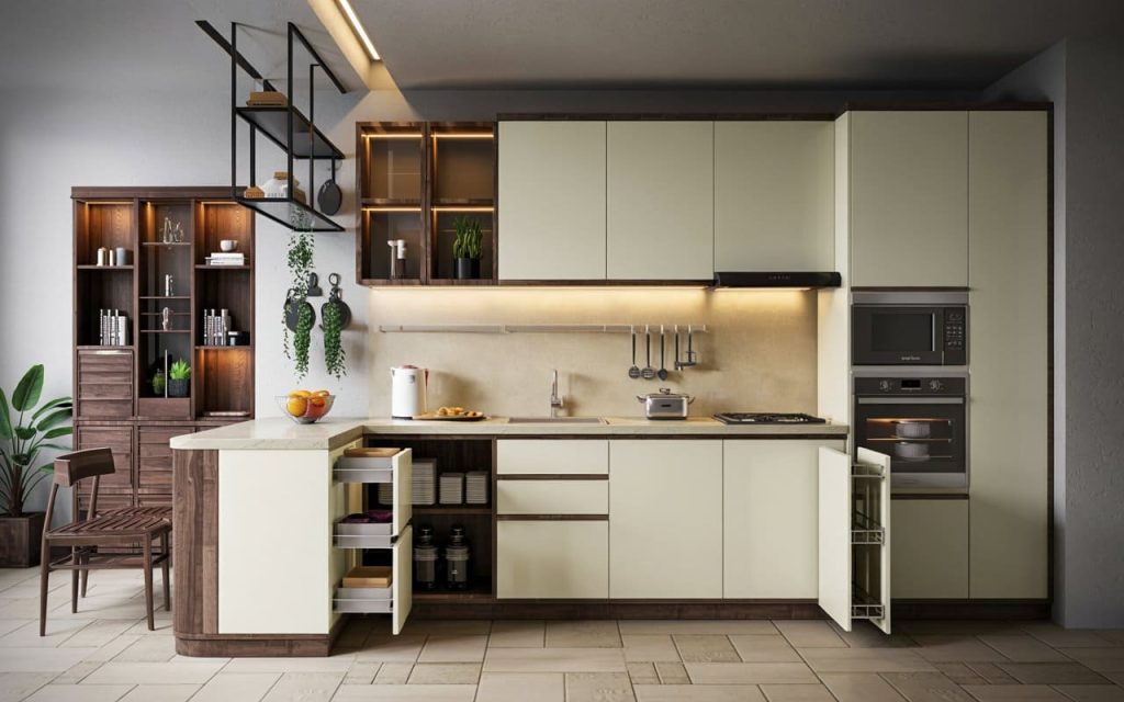 Kitchen furniture designs for small kitchen with cream pull-out units and dark wood trim.