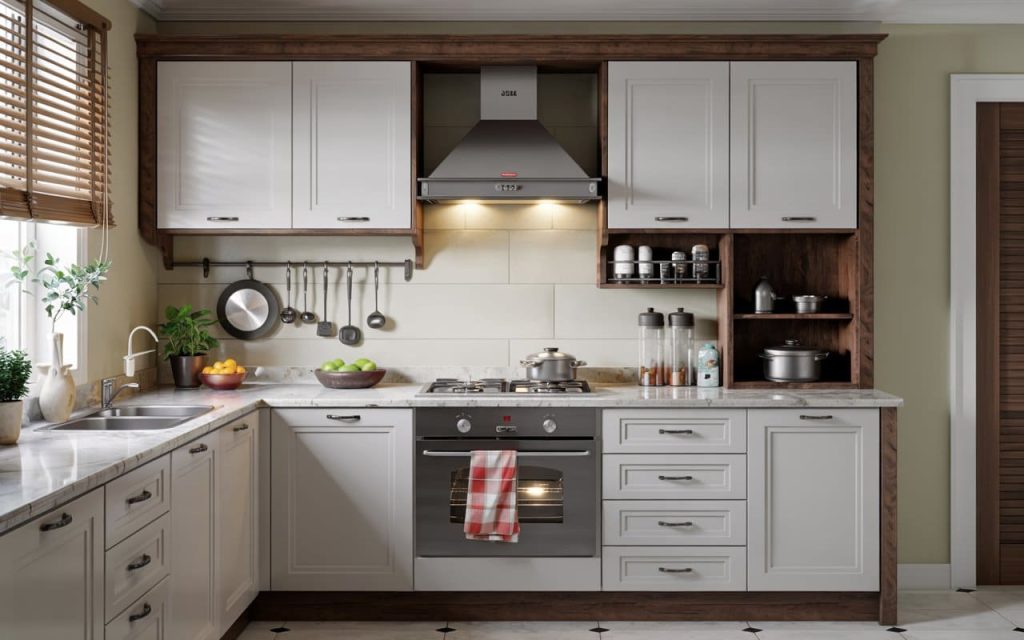 Kitchen furniture designs for small kitchen in india with white cabinets and dark wood.