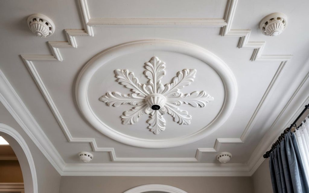 Detailed kitchen pop design featuring a white floral ceiling rose and geometric borders.