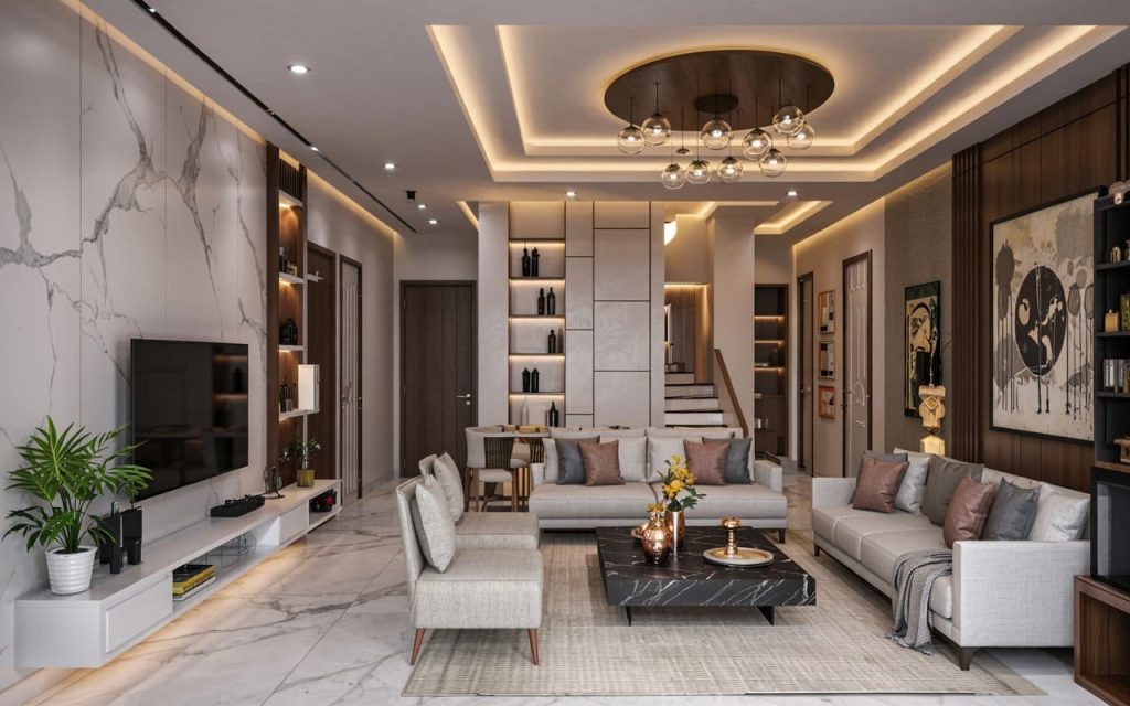 An elegant pop design for lobby and open living space with tiered trays and glass globes.