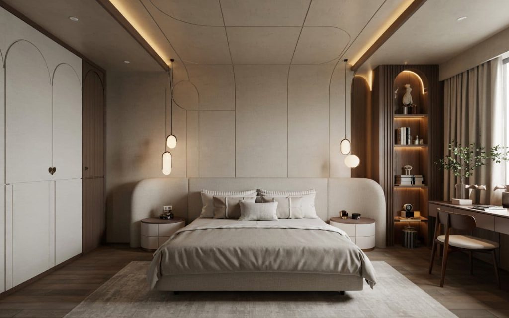Minimalist pop designs for bedroom featuring thin curved grooves and warm hidden lighting.