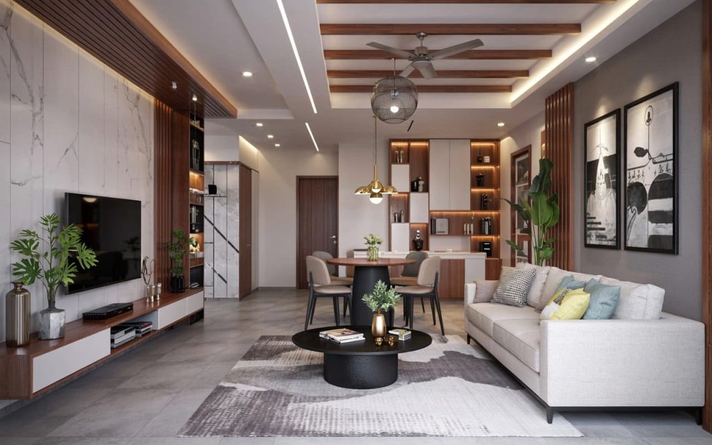 Sophisticated pop design for roof integrating wooden rafters and slim recessed channels.