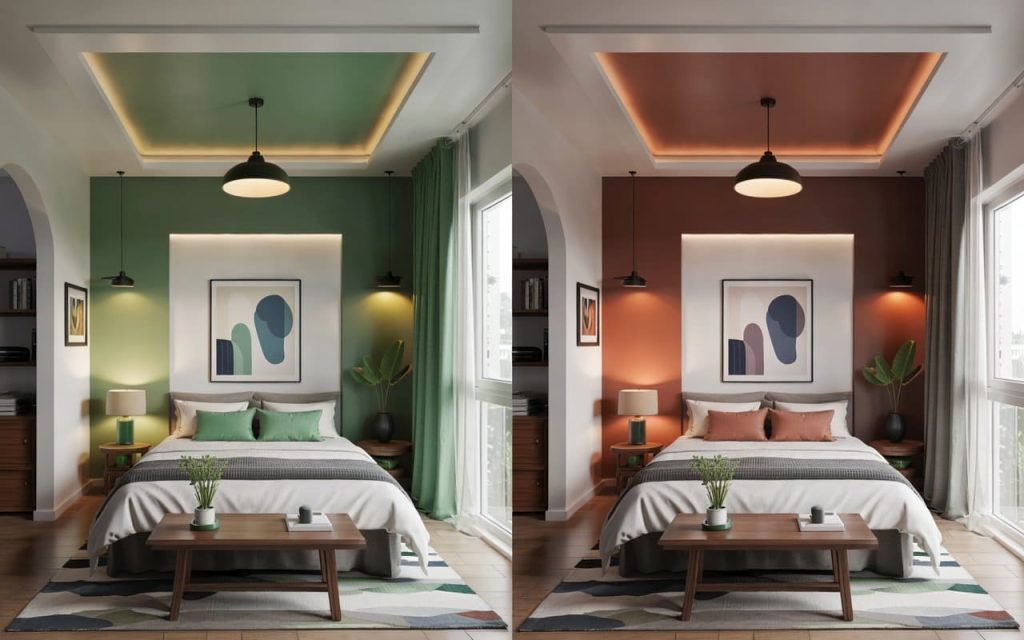 A compact pop design for room showing a single-layered tray with green and terracotta accents.